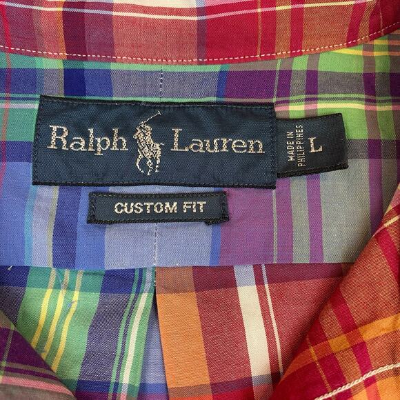 Ralph Lauren Plaid Button Up Custom Fit Colorful Yellow Pony Mens Large - Picture 8 of 8